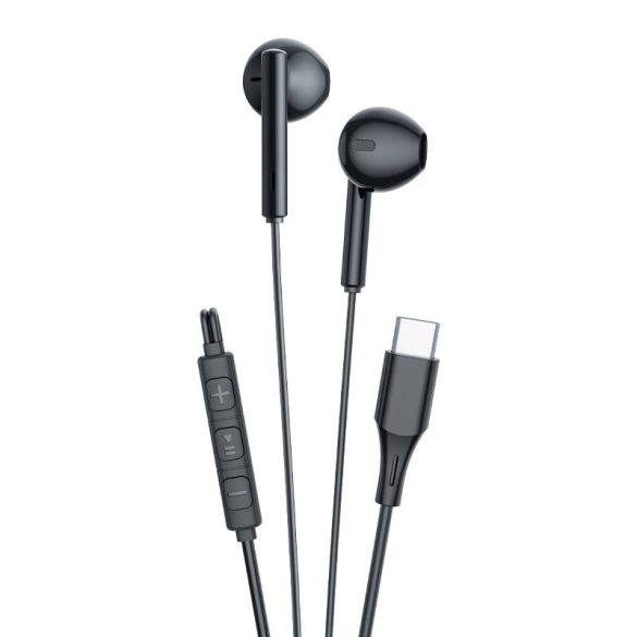 Vezetékes sztereó fülhallgató, USB Type-C, mikrofon, funkció gomb, hangerő szabályzó, Vipfan M18, fekete