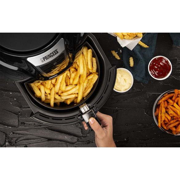 Forró levegős sütő, fritőz, Air Fryer, olaj nélküli, 1400 W teljesítmény, 3.2 l-es, Digitális kijelzővel, 7 programos, rántási, sütési funkció, Princess XL, fekete