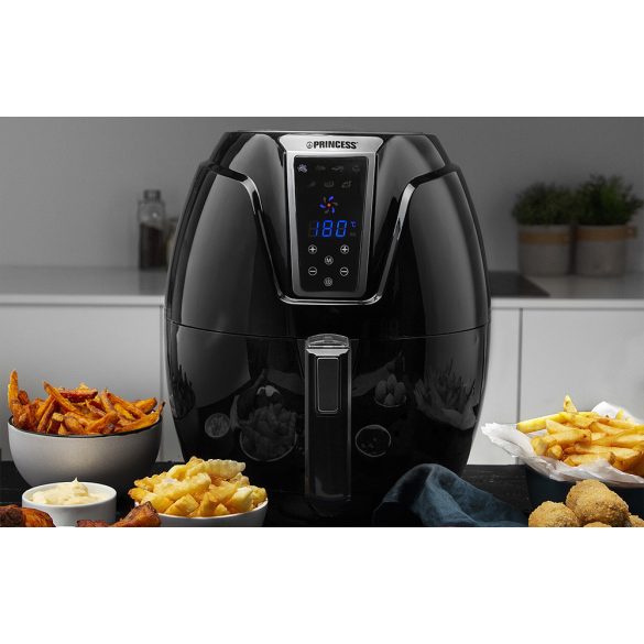 Forró levegős sütő, fritőz, Air Fryer, olaj nélküli, 1400 W teljesítmény, 3.2 l-es, Digitális kijelzővel, 7 programos, rántási, sütési funkció, Princess XL, fekete