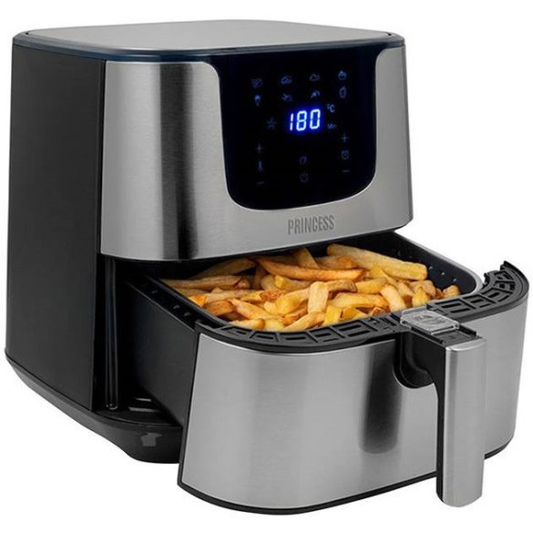 Forró levegős sütő, fritőz, Air Fryer, olaj nélküli, 1700 W teljesítmény, 5.5 l-es, Digitális kijelzővel, 8 programos, Princess XXL, fekete/ezüst