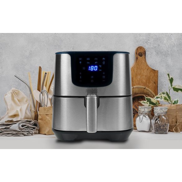 Forró levegős sütő, fritőz, Air Fryer, olaj nélküli, 1700 W teljesítmény, 5.5 l-es, Digitális kijelzővel, 8 programos, Princess XXL, fekete/ezüst