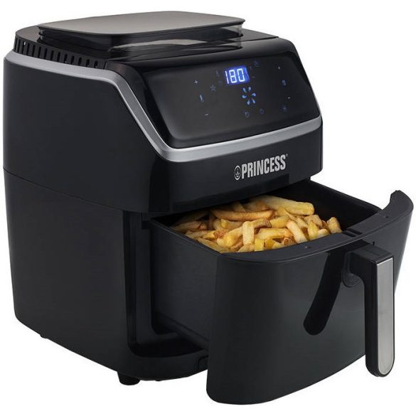 Forró levegős sütő, fritőz, Air Fryer, olaj nélküli, 1700 W teljesítmény, 6.5 l-es, Digitális kijelzővel, 8 programos, rántási, sütési, gőzölési funkció, Princess, fekete