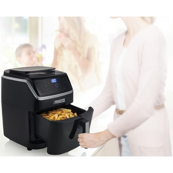 Forró levegős sütő, fritőz, Air Fryer, olaj nélküli, 1700 W teljesítmény, 6.5 l-es, Digitális kijelzővel, 8 programos, rántási, sütési, gőzölési funkció, Princess, fekete