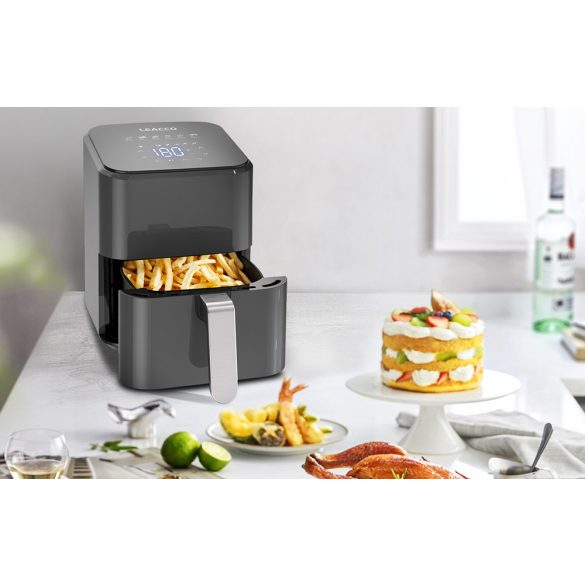 Forró levegős sütő, fritőz, Air Fryer, olaj nélküli, 1200 W teljesítmény, 3.5 l-es, Digitális kijelzővel, 7 programos, Leacco AF010, szürke