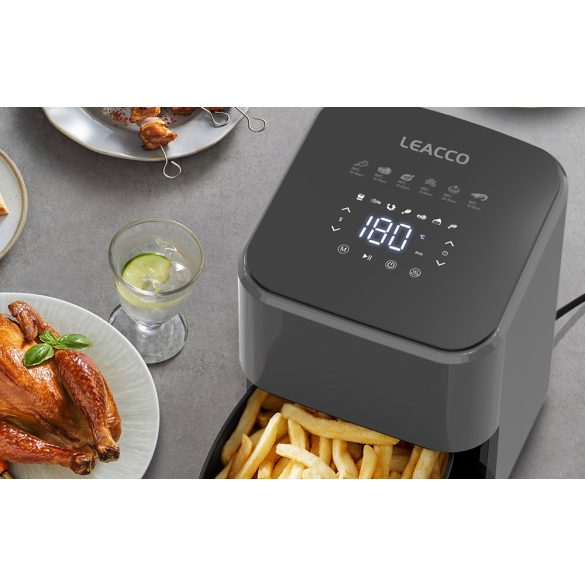 Forró levegős sütő, fritőz, Air Fryer, olaj nélküli, 1200 W teljesítmény, 3.5 l-es, Digitális kijelzővel, 7 programos, Leacco AF010, szürke