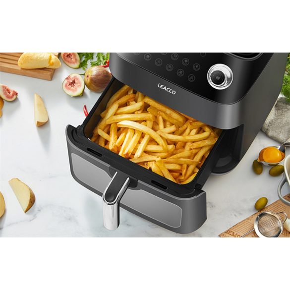 Forró levegős sütő, fritőz, Air Fryer, olaj nélküli, 1350 W teljesítmény, 4.5 l-es, Digitális kijelzővel, 8 programos, Leacco AF020, szürke