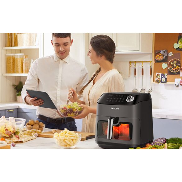 Forró levegős sütő, fritőz, Air Fryer, olaj nélküli, 1350 W teljesítmény, 4.5 l-es, Digitális kijelzővel, 8 programos, Leacco AF020, szürke