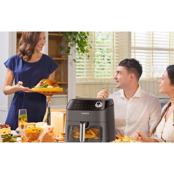 Forró levegős sütő, fritőz, Air Fryer, olaj nélküli, 1350 W teljesítmény, 4.5 l-es, Digitális kijelzővel, 8 programos, Leacco AF020, szürke