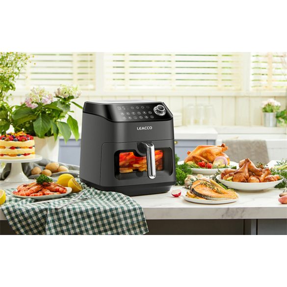 Forró levegős sütő, fritőz, Air Fryer, olaj nélküli, 1350 W teljesítmény, 4.5 l-es, Digitális kijelzővel, 8 programos, Leacco AF020, szürke