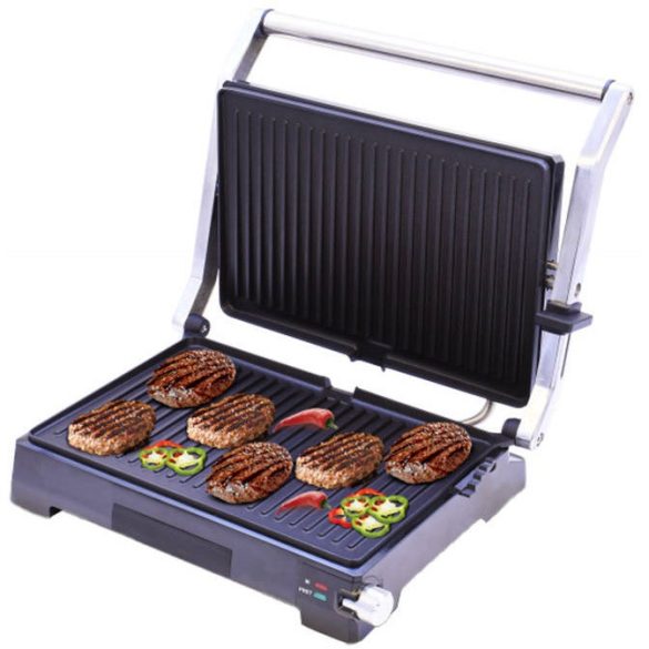 Elektromos grillsütő, 2000 W teljesítmény, hőmérséklet szabályozóval, Panini grillezési funkció, Techwood TGD-2180, ezüst