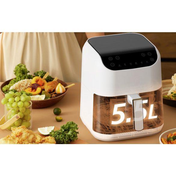 Forró levegős sütő, fritőz, Air Fryer, olaj nélküli, 1300 W teljesítmény, 5.5 l-es, 6 programos, sütés ütemezési funkció, Deerma KZ130, fehér