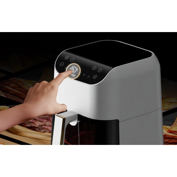 Forró levegős sütő, fritőz, Air Fryer, olaj nélküli, 1300 W teljesítmény, 5.5 l-es, 6 programos, sütés ütemezési funkció, Deerma KZ130, fehér