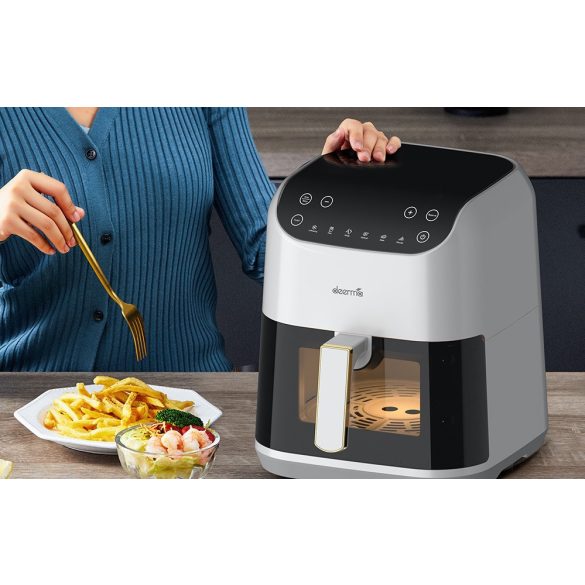 Forró levegős sütő, fritőz, Air Fryer, olaj nélküli, 1300 W teljesítmény, 5.5 l-es, 6 programos, sütés ütemezési funkció, Deerma KZ130, fehér