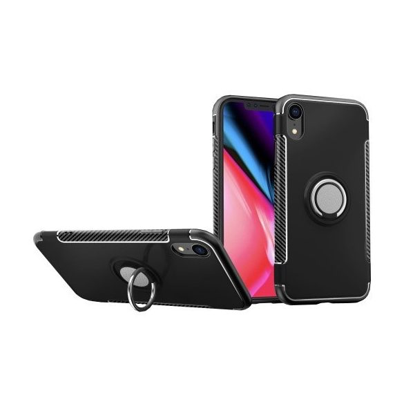 Apple iPhone 7 / 8 / SE (2020) / SE (2022), Műanyag hátlap védőtok, szilikon keret, telefontartó gyűrű, karbon minta, fekete