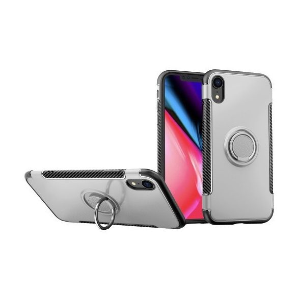 Apple iPhone 7 / 8 / SE (2020) / SE (2022), Műanyag hátlap védőtok, szilikon keret, telefontartó gyűrű, karbon minta, ezüst