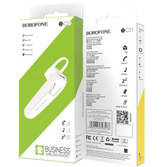 Bluetooth fülhallgató, v4.2, Borofone Encourage, BC21, fehér