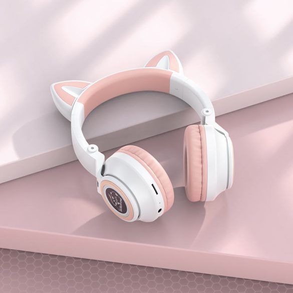 Bluetooth sztereó fejhallgató, v5.0, mikrofon, 3.5mm, funkció gomb, hangerő szabályzó, TF kártyaolvasó, összecsukható, teleszkópos fejpánt, macskafüllel, Borofone BO18 CAT, rózsaszín