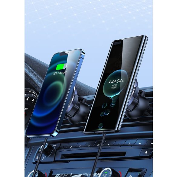 Autós tartó, Univerzális, szellőzőre rögzíthető, 360°-ban forgatható, mágneses, Qi vezeték nélküli mágneses töltővel, 15W, Magsafe gyűrűvel, Magsafe kompatibilis, Usams US-CD164, fekete