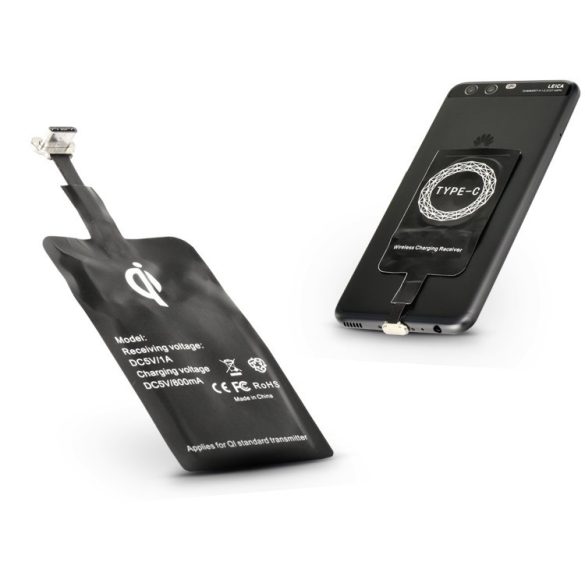 Vezeték nélküli töltő adapter, USB Type-C, Qi Wireless, fekete