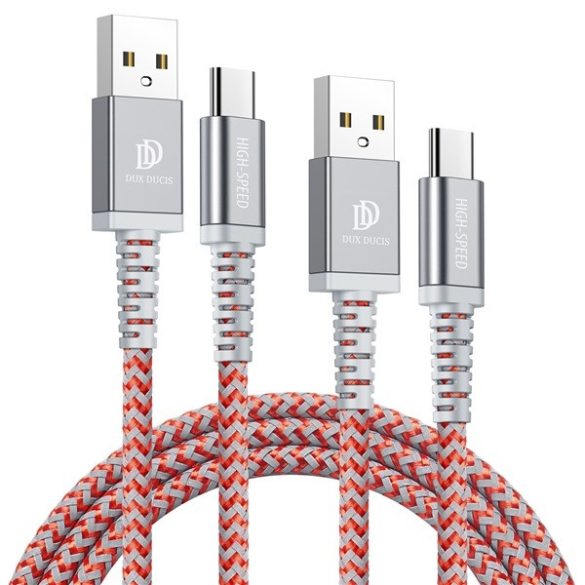 USB töltő- és adatkábel, USB Type-C, 100 cm + 200 cm, 2000 mA, törésgátlóval, gyorstöltés, cipőfűző minta, Dux Ducis K-II Pro, piros - 2db / csomag