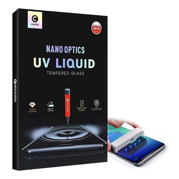 Huawei P30, Kijelzővédő fólia, ütésálló fólia (az íves részre is!), Tempered Glass (edzett üveg), UV lámpával, 3D Full Cover, Mocolo UV Liquid, Clear