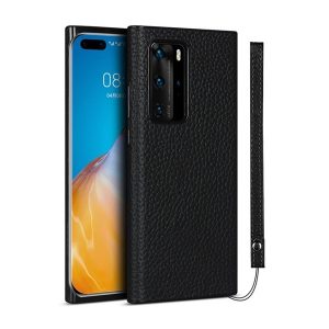 Huawei P40 Pro, Szilikon tok, valódi bőrrel bevont hátlap, fekete