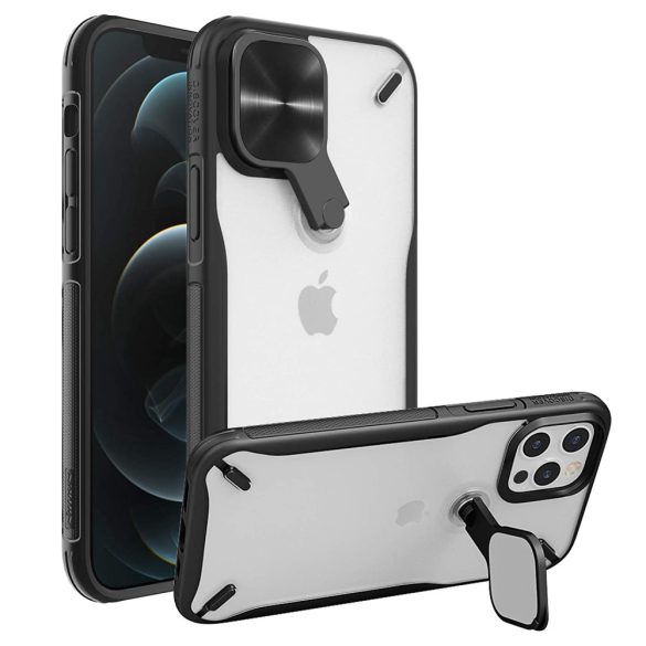 Apple iPhone 12 / 12 Pro, Műanyag hátlap + szilikon keret, közepesen ütésálló, kitámasztóval, kamera védelem, Nillkin Cyclops, áttetsző/fekete