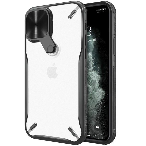 Apple iPhone 12 Mini, Műanyag hátlap + szilikon keret, közepesen ütésálló, kitámasztóval, kamera védelem, Nillkin Cyclops, áttetsző/fekete