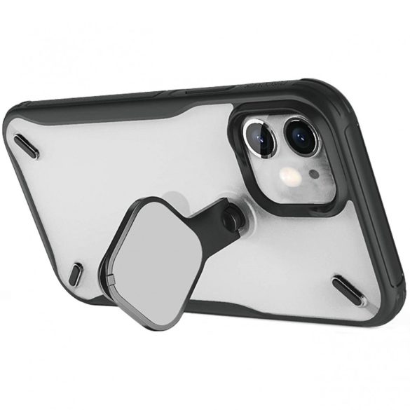 Apple iPhone 12 Mini, Műanyag hátlap + szilikon keret, közepesen ütésálló, kitámasztóval, kamera védelem, Nillkin Cyclops, áttetsző/fekete