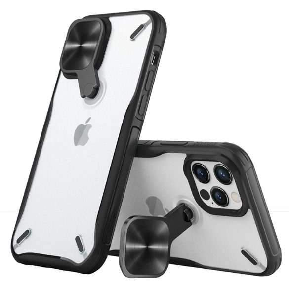 Apple iPhone 12 Pro Max, Műanyag hátlap + szilikon keret, közepesen ütésálló, kitámasztóval, kamera védelem, Nillkin Cyclops, áttetsző/fekete