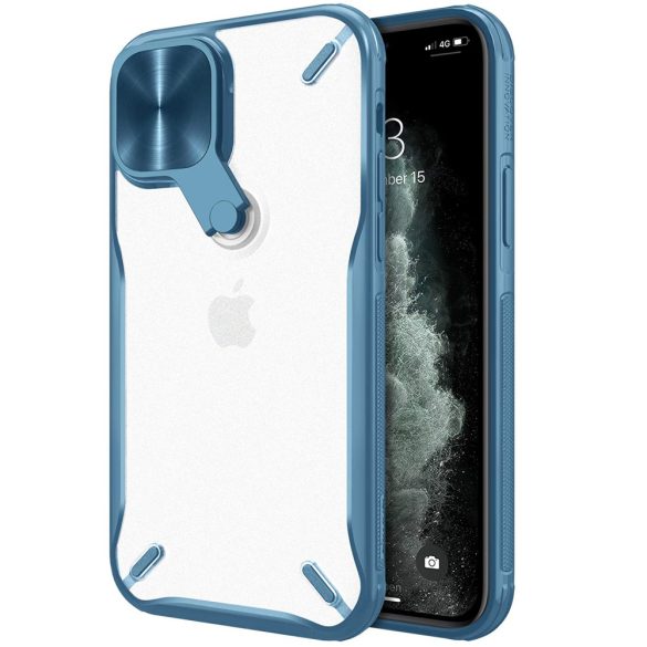 Apple iPhone 12 Mini, Műanyag hátlap + szilikon keret, közepesen ütésálló, kitámasztóval, kamera védelem, Nillkin Cyclops, áttetsző/kék