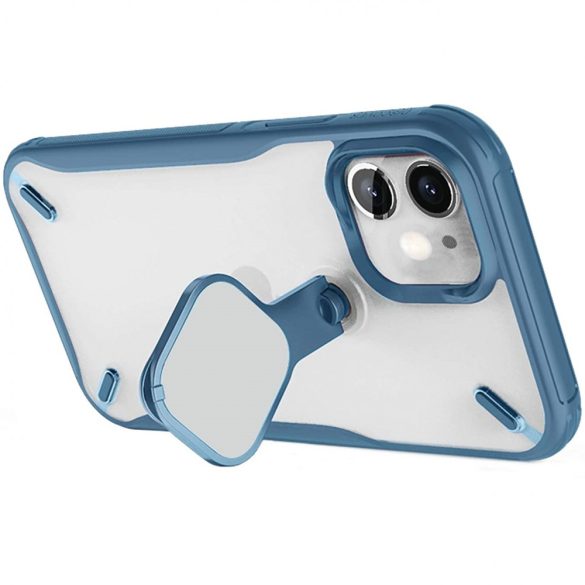 Apple iPhone 12 Mini, Műanyag hátlap + szilikon keret, közepesen ütésálló, kitámasztóval, kamera védelem, Nillkin Cyclops, áttetsző/kék