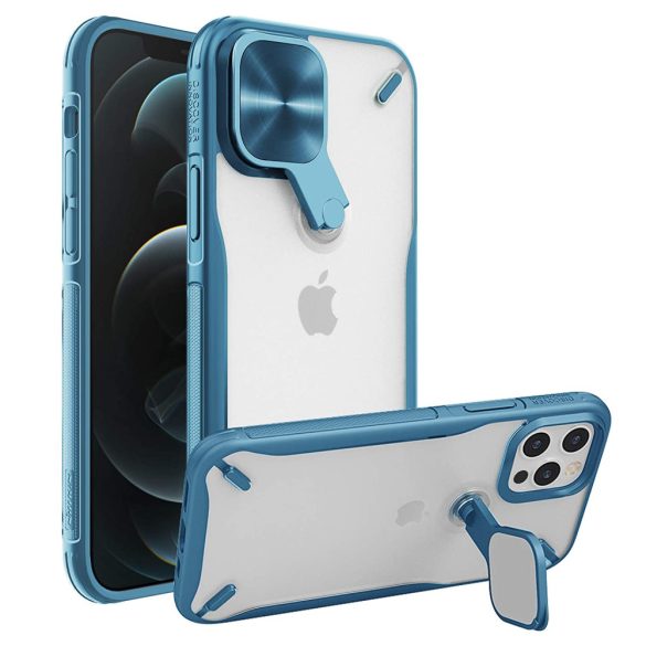 Apple iPhone 12 / 12 Pro, Műanyag hátlap + szilikon keret, közepesen ütésálló, kitámasztóval, kamera védelem, Nillkin Cyclops, áttetsző/kék