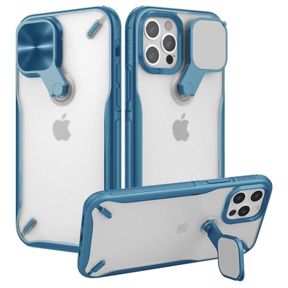 Apple iPhone 12 Pro Max, Műanyag hátlap + szilikon keret, közepesen ütésálló, kitámasztóval, kamera védelem, Nillkin Cyclops, áttetsző/kék