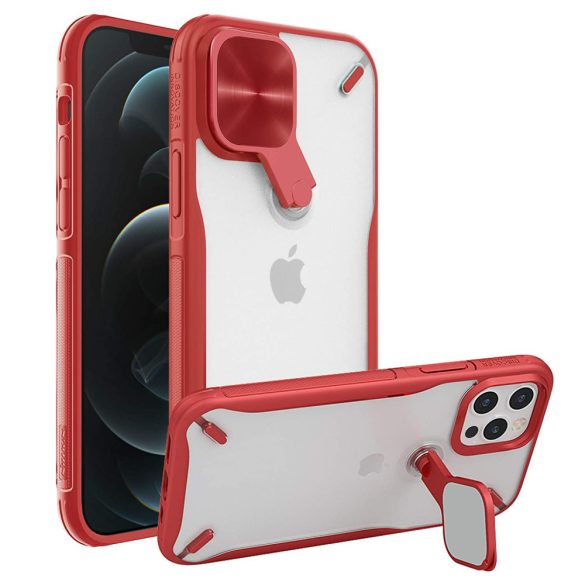 Apple iPhone 12 / 12 Pro, Műanyag hátlap + szilikon keret, közepesen ütésálló, kitámasztóval, kamera védelem, Nillkin Cyclops, áttetsző/piros
