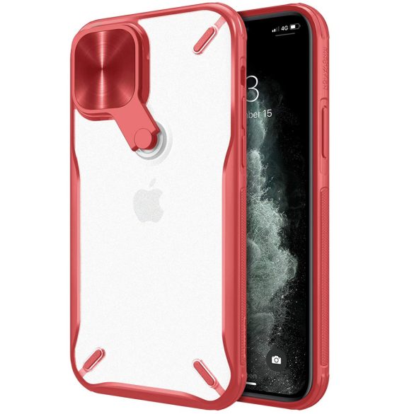 Apple iPhone 12 Mini, Műanyag hátlap + szilikon keret, közepesen ütésálló, kitámasztóval, kamera védelem, Nillkin Cyclops, áttetsző/piros