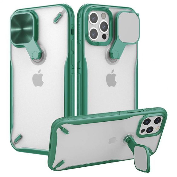 Apple iPhone 12 Pro Max, Műanyag hátlap + szilikon keret, közepesen ütésálló, kitámasztóval, kamera védelem, Nillkin Cyclops, áttetsző/zöld
