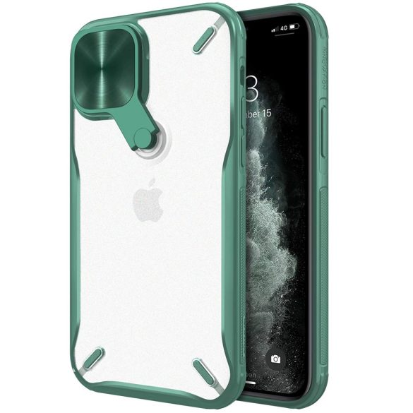 Apple iPhone 12 Mini, Műanyag hátlap + szilikon keret, közepesen ütésálló, kitámasztóval, kamera védelem, Nillkin Cyclops, áttetsző/zöld