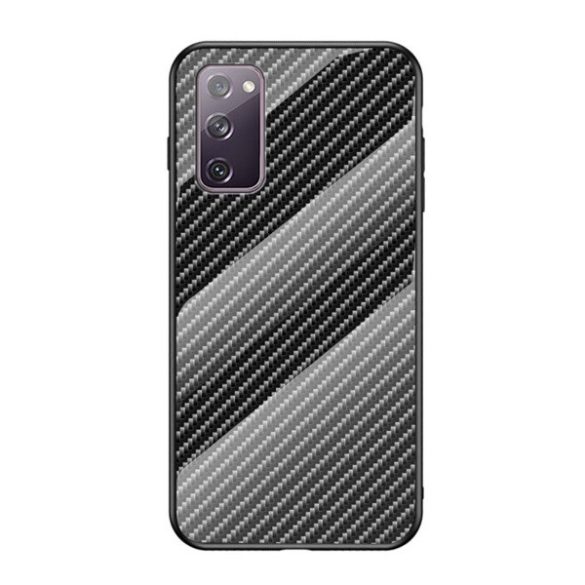 Samsung Galaxy S20 FE / S20 FE 5G SM-G780 / G781, Szilikon védőkeret, üveg hátlap, karbon minta, fekete