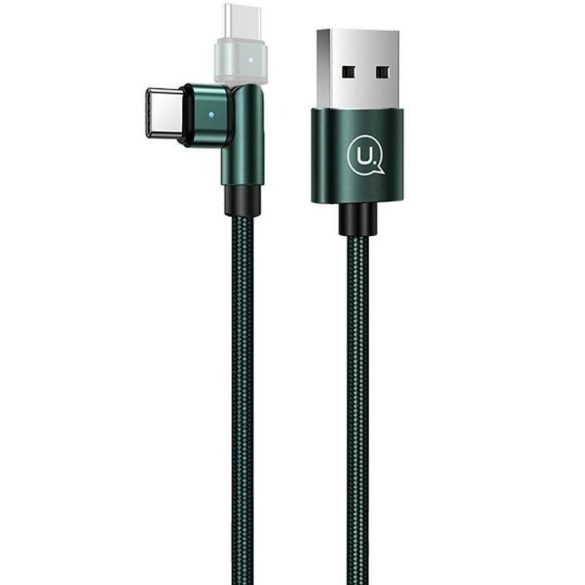 USB töltő- és adatkábel, USB Type-C, 100 cm, 2000 mA, 180 fokban forgatható fej, LED-es, cipőfűző minta, Usams U60, sötétzöld, US-SJ477