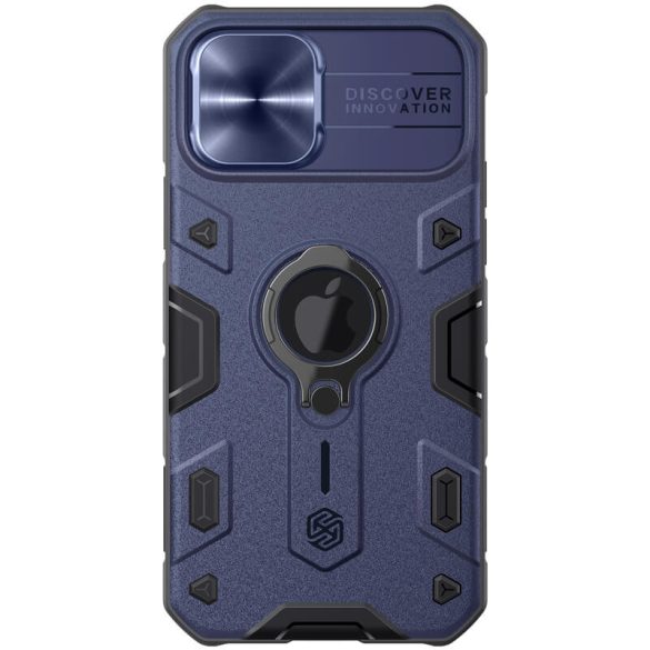 Apple iPhone 12 / 12 Pro, Műanyag hátlap védőtok, közepesen ütésálló, kamera védelem, telefontartó gyűrű, logó kivágással, Nillkin CamShield Armor, kék