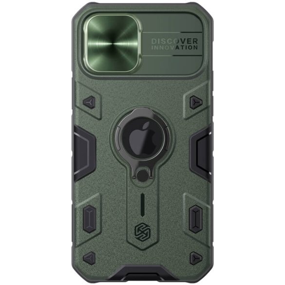 Apple iPhone 12 / 12 Pro, Műanyag hátlap védőtok, közepesen ütésálló, kamera védelem, telefontartó gyűrű, logó kivágással, Nillkin CamShield Armor, zöld