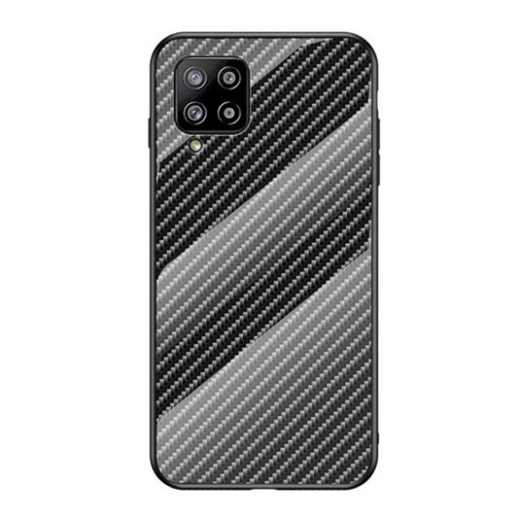 Samsung Galaxy A42 5G / M42 5G SM-A426B / M426B, Szilikon védőkeret, üveg hátlap, karbon minta, fekete