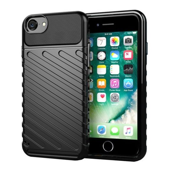 Apple iPhone 7 / 8 / SE (2020) / SE (2022), Szilikon tok, közepesen ütésálló, domború csíkos minta, fekete
