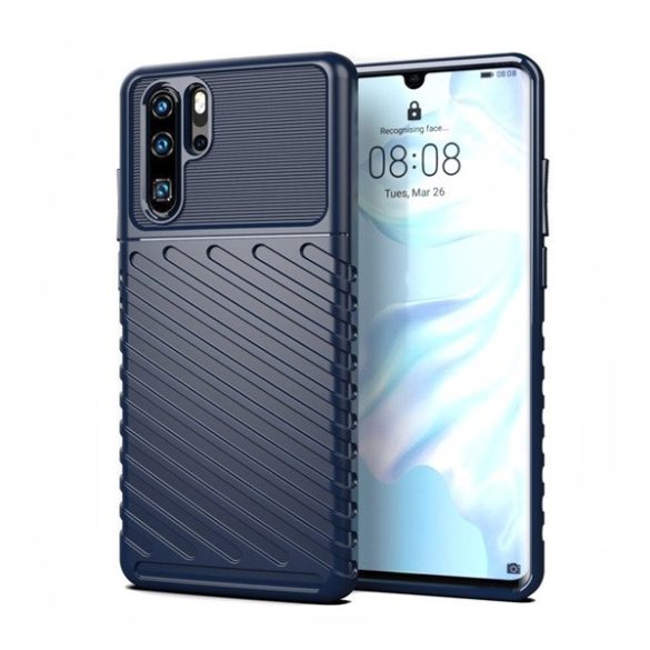 Huawei P30 Pro, Szilikon tok, közepesen ütésálló, domború csíkos minta, sötétkék