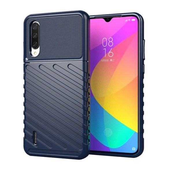 Xiaomi Mi A3 / Mi CC9e, Szilikon tok, közepesen ütésálló, domború csíkos minta, sötétkék