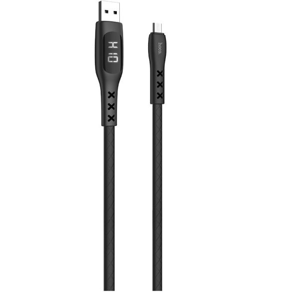USB töltő- és adatkábel, microUSB, 120 cm, 2400 mA, LED kijelzővel, cipőfűző minta, Hoco S6 Sentinel, fekete