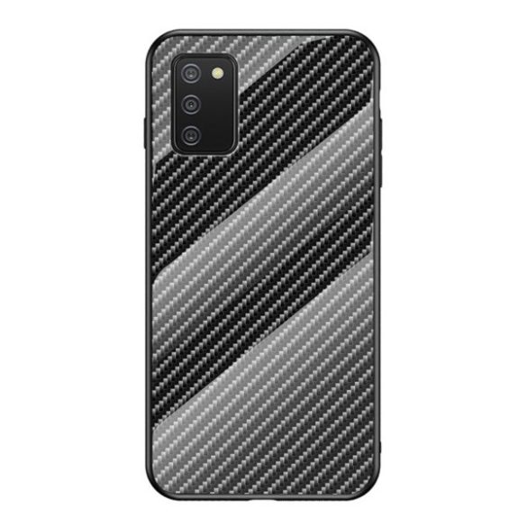 Samsung Galaxy A02s / M02s SM-A025F / M025F, Szilikon védőkeret, üveg hátlap, karbon minta, fekete