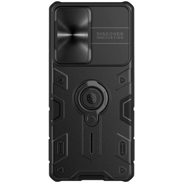Samsung Galaxy S21 Ultra 5G SM-G998, Műanyag hátlap védőtok, közepesen ütésálló, kamera védelem, telefontartó gyűrű, Nillkin CamShield Armor, fekete