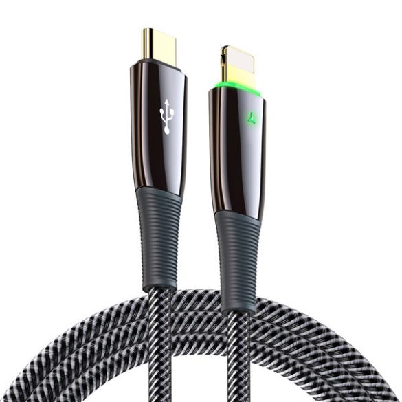 USB Type-C töltő- és adatkábel, Lightning, 300 cm, 5000 mA, törésgátlóval, LED-es, gyorstöltés, PD, Dux Ducis K-IV, fekete